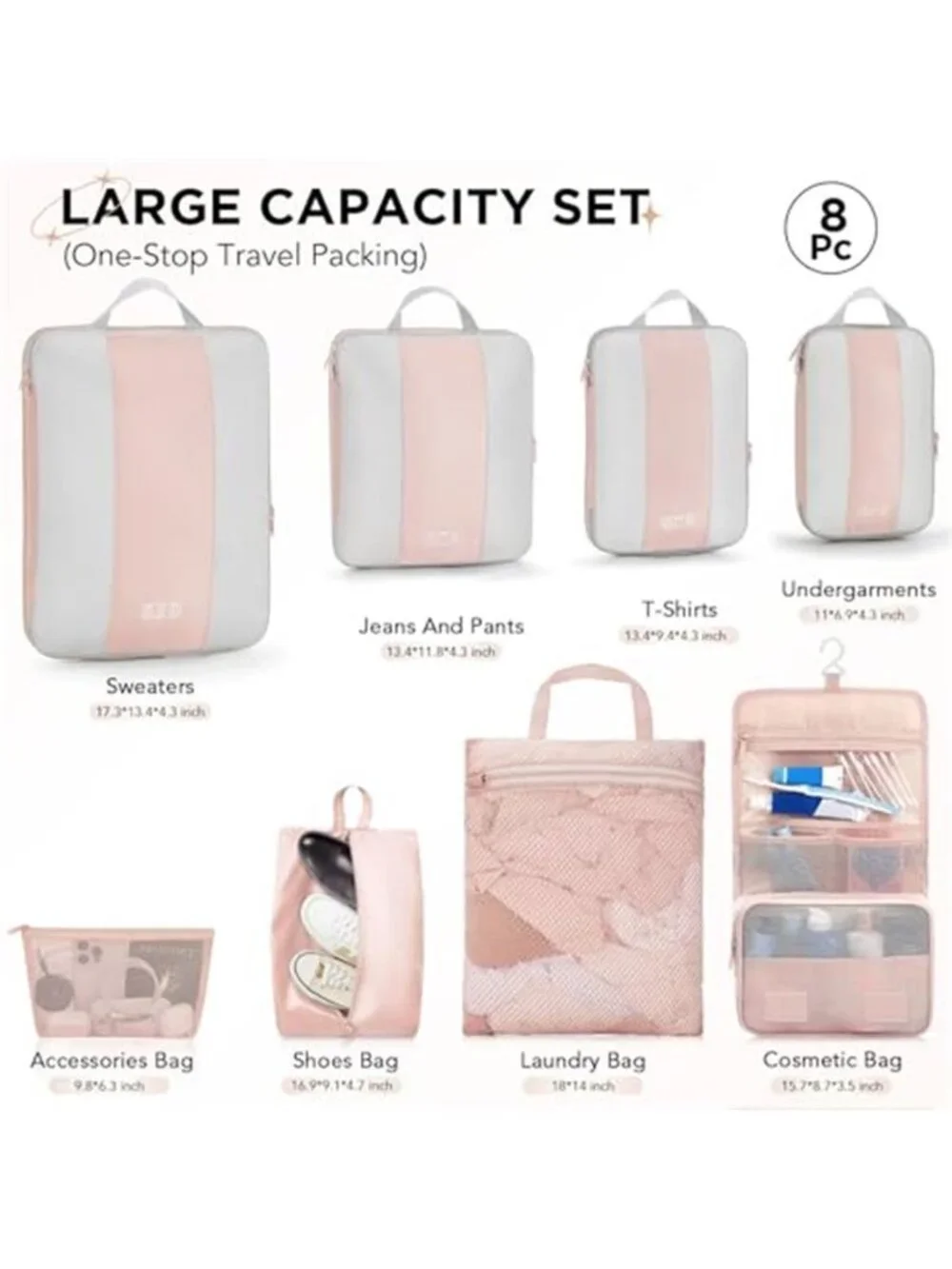 Compression Packing Cubes Travel Organizer Set Luggage Storage Bags 8 Piece